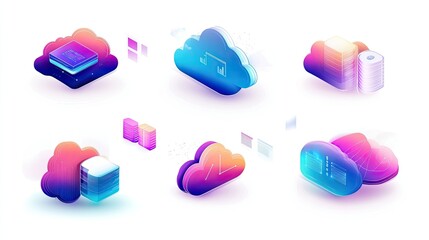 Poster - Colorful and Modern Cloud Computing Illustrations for Digital Technology, Data Storage, and Online Services with Vibrant Effects