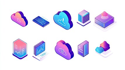 Poster - Colorful Isometric Icons Representing Cloud Computing, Data Storage, Analysis Charts, and Modern Technology Concepts for Digital Solutions