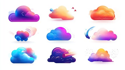 Poster - Vibrant Collection of Colorful Cloud Illustrations with Gradient Effects for Creative Backgrounds and Art Projects in Various Styles and Designs