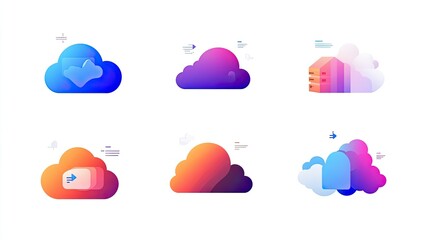 Poster - Colorful and Modern Cloud Illustrations for Technology, Storage, and Networking Concepts Featuring Abstract Designs and Gradients in Various Shapes