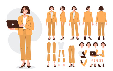 Wall Mural - business woman character constructor for animation. front, side and back view set. body parts, postu