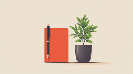 Canvas Print - vibrant orange notebook and black pot with green plant create calming workspace. pen rests on notebook, inviting creativity and organization