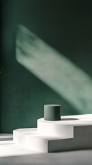 Fototapete - Green cylinder displaying on white round podium with sunlight on green wall background