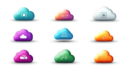 Poster - Colorful Cloud Icons Set Featuring Various Digital Concepts like File Sharing, Data Storage, and Online Services Ideal for Modern Technology Themes
