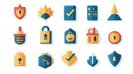 Poster - Colorful Security Icons Collection Featuring Shields, Locks, Checkmarks, and Grids for Digital Safety and Protection Themes ideal for Web Design and Graphics