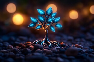 Poster - Fantasy tree with bioluminescent leaves and glowing roots, set in a mystical forest