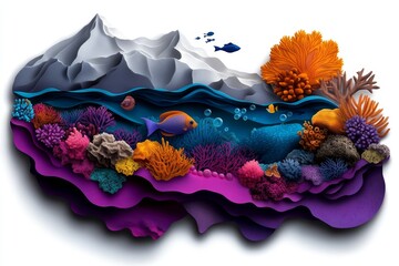 Aufkleber - Flat 2D illustration of a coral reef with vibrant fish and seaweed, simple shapes on a white background