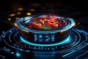 Poster - Futuristic kitchen scene with high-tech pot and digital display showing parboiling process for vegetables