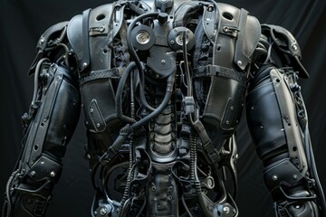 Poster - Futuristic exoskeleton suit standing, showing its complex mechanics and design