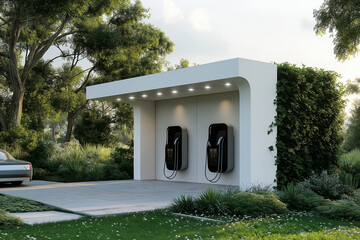 White home wall with an electric vehicle charging station and a green landscape outside, creating the perfect setting for your energy-efficient lifestyle.