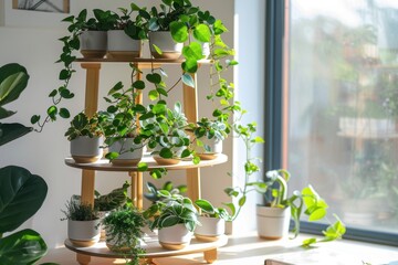 Poster - Indoor plant display showcasing vibrant greenery on a wooden shelving unit by the window during daylight hours