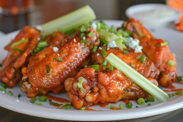 A plate full of spicy chicken wings garnished with celery sticks, served at a casual dining event during the evening, perfect for sharing and enjoying with friends