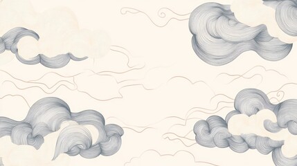 Minimalist cloud doodles with soft, flowing lines, creating a peaceful and dreamy design on a light background for a calming effect