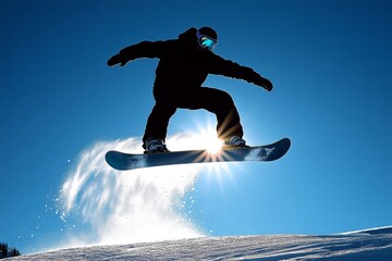 Poster - minimalist silhouette of a snowboarder in mid-air with simple lines showing motion and balance