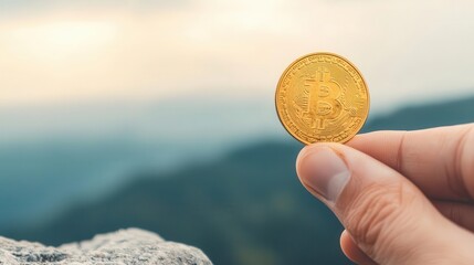 Wall Mural - Closeup of a hand holding a gold coin while standing on a cliff edge, Investment Risk, High Stakes