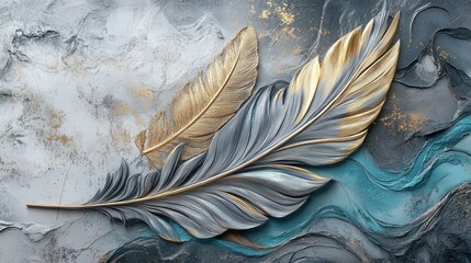 Poster - Beautifully Crafted Decorative Leaves in Gold and Silver Hues Against a Textured Abstract Background of Blues and Grays, Perfect for Artistic Inspiration and Elegance