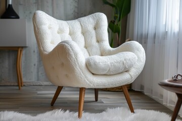 Aufkleber - A modern, cozy white armchair in a bright, minimalist interior with natural light streaming through large windows, surrounded by greenery and rustic wooden flooring