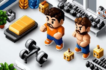 Aufkleber - Pixel art of a retro gym with tiny pixel characters lifting weights and running on treadmills, 8-bit style