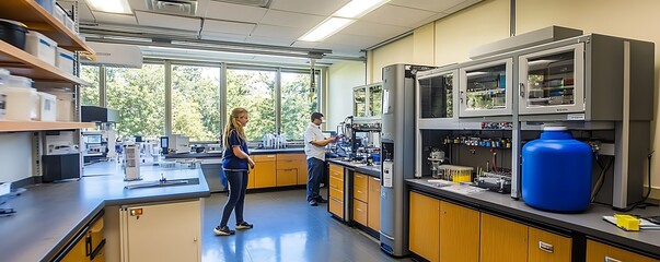 Poster - A laboratory setting with two individuals engaged in scientific work.
