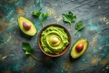 Wall Mural - Top View of Creamy Mashed Avocado with Ample Space for Text, Perfect for Food Blogs, Recipes, and Social Media, Showcasing a Deliciously Healthy Ingredient