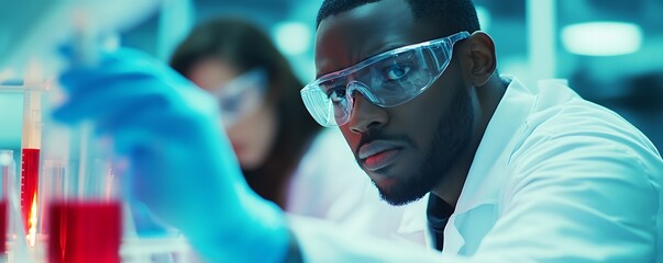 Poster - A scientist in a lab carefully conducts an experiment with colorful liquids.