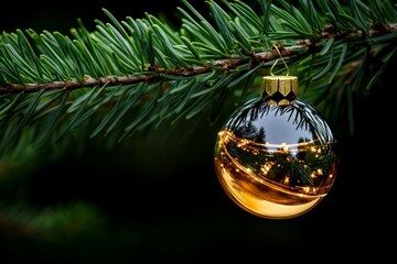 Leinwandbilder - Simple outline of a holiday ornament hanging from a pine branch, clean and elegant lines