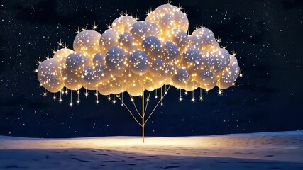 Wall Mural - a glowing cloud with twinkling lights hangs in the night sky above a snowy landscape
