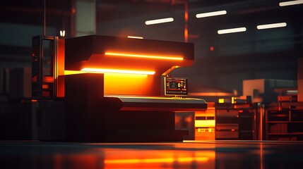 Poster - A futuristic industrial machine illuminated in warm orange light in a factory setting.