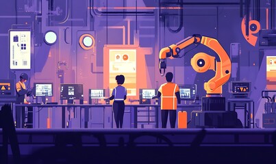 Poster - A futuristic industrial workspace featuring robotic arms and technicians at computer stations.