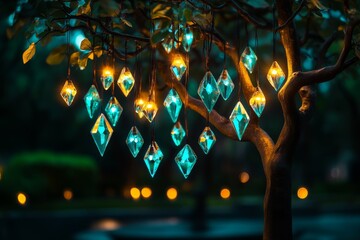 Poster - Tree with magical crystals hanging from its branches, radiating a soft, ethereal light in an enchanted forest