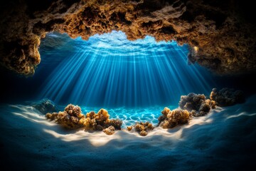 Poster - Underwater cave with light streaming through openings, creating a mysterious and beautiful scene
