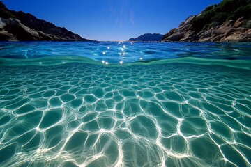 Poster - Underwater landscape with gentle waves rippling above, creating soft light patterns on the ocean floor