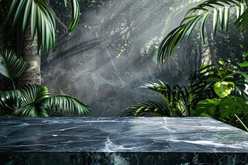 Wall Mural - Empty black marble table and tropical plants behind textured glass panels.