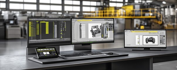 Poster - A modern workspace featuring multiple monitors displaying technical designs and data.