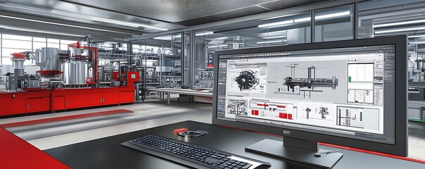 Poster - A modern industrial workspace featuring a computer with engineering schematics.