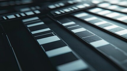Poster - Abstract close-up view of black and white film strips arranged on a dark surface, highlighting stark contrasts and geometric patterns, creating a visually striking composition