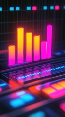 Leinwandbilder - A vibrant digital graph displays colorful bars in neon shades, illustrating data trends and analytics in a modern, tech-inspired environment.