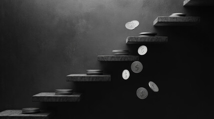 Poster - Tumbling coins cascade down staircase, creating dynamic visual of movement and wealth. monochrome setting enhances dramatic effect of scene