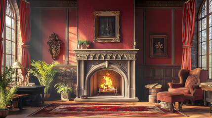 Poster - Cozy fireplace in an exquisite room of a medieval castle. ai generated. Exquisite. Illustration