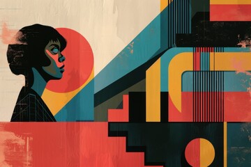 Aufkleber - A striking abstract illustration featuring a woman's profile against vibrant geometric shapes and colors, highlighting a blend of modern art styles in a creative composition