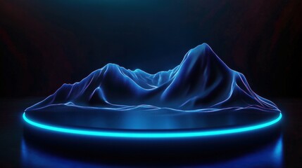 Fototapete - A glowing, digital landscape featuring blue, illuminated mountains with a circular base, creating a futuristic and artistic vibe.