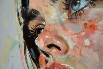 Poster - Vibrant abstract portrait of a serene woman with closed eyes and colorful brushstrokes captured in a modern art setting