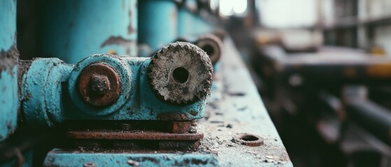 A gritty close-up of rusted machinery parts, showcasing textures and patinas, set against a blurred industrial backdrop, evoking a sense of bygone labor.