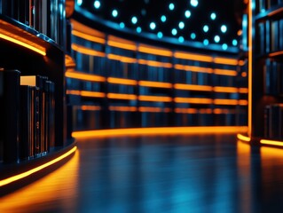 Poster - A futuristic library with glowing shelves and blue lighting, creating a modern, immersive reading environment.