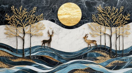 Poster - Elegant Marble Art Depicting Two Deers Beside Golden Trees and a Large Sun Over Textured Waves in a Luxurious Landscape Scene