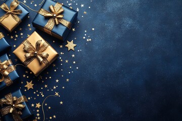 A cascade of luxurious gift boxes with golden ribbons and stars on a rich blue background