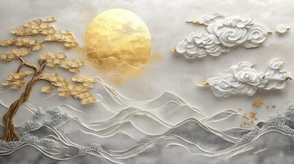 Aufkleber - Serene Landscape Art with Golden Sun, Textured Clouds, and Elegant Trees in Artistic Harmony for Tranquil Home Decor and Inspirational Spaces