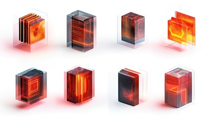 Poster - Abstract futuristic display of translucent cubes in warm orange and red hues, showcasing layered geometric forms that evoke technology and innovation themes.
