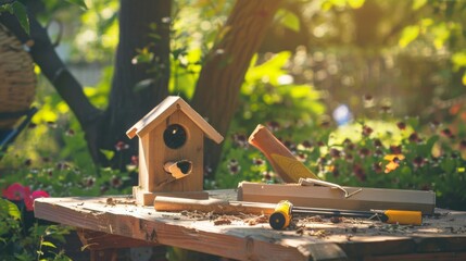 Poster - An elegant birdhouse building setup in a sunlit garden, Wood and tools neatly placed, Nature-inspired clean style