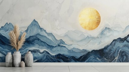 Poster - Serene Mountain Landscape with Golden Sun on Elegant Marble Wall in Contemporary Interior Design, Perfect for Modern Living Spaces and Artful Decor